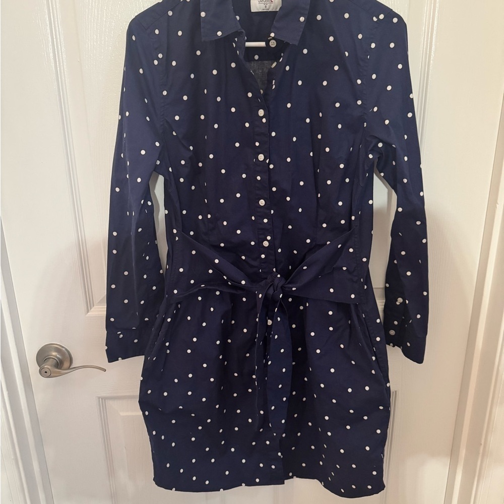 UNTUCKit Navy and White Polka Dot Shirt Dress, tie front - Picture 1 of 7
